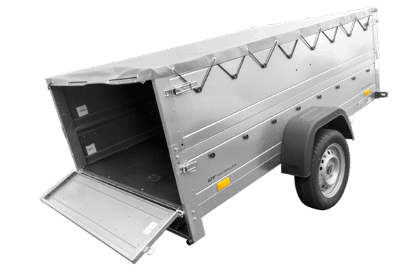 Grande remorque 230X125 avec bâche plate grise, rehausses de ridelles et roue Jockey – Garden trailer 230 KIPP