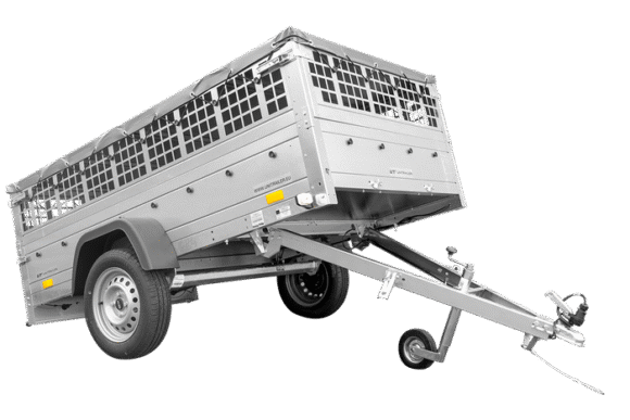 Grande remorque 230X125 avec bâche plate, Ridelles Grillagées, roue jokey et tiges de support bâche – garden trailer 230 kipp
