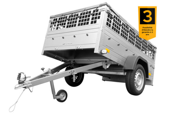 REMORQUE VOITURE UTILITAIRE 200X125 AVEC BÂCHE PLATE, RIDELLES GRILLAGÉES ET ROUE JOCKEY – GARDEN TRAILER 201 KIPP